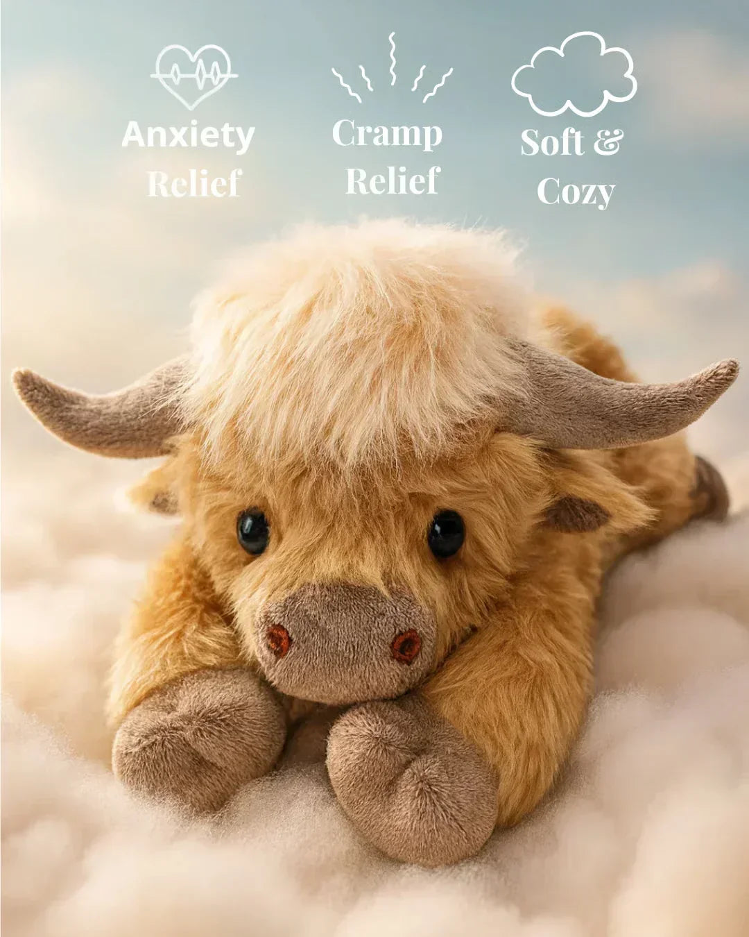Golden Highland cow plush with curved horns and shaggy fur